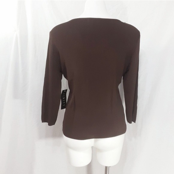 NWT Finity Faux Pearl Scoop Neck Knit Top Brown L Preppy Elegant Classic Chic - Picture 3 of 5